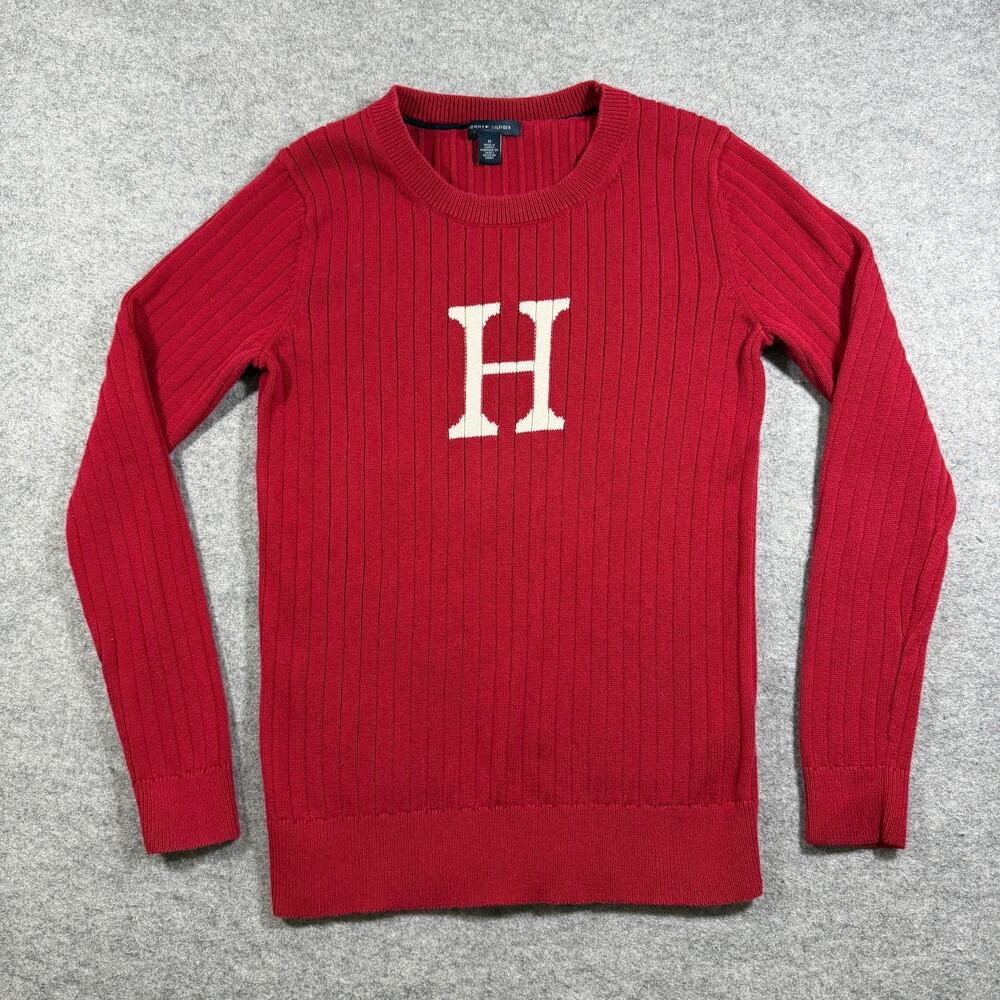 Tommy Hilfiger Sweater Womens M Red Crewneck Ribbed Knit H Logo Cotton Preppy